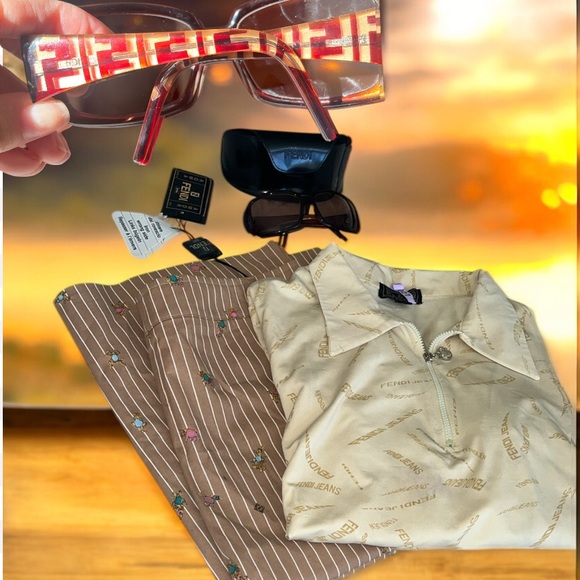 Fendi Logo Sunglasses, Ivory Fendi Jeans Top, and Fendi Skirt - Picture 1 of 11